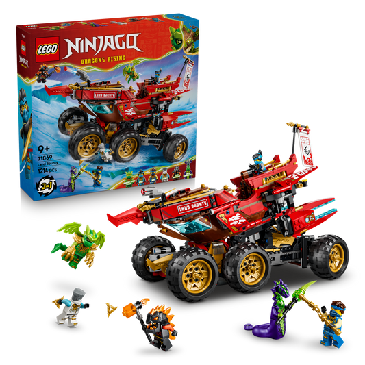 LEGO NINJAGO Land-Bounty - Bouwpakket voor Kinderen Vanaf 9 Jaar met 3 Voertuigen en 6 Minifiguren - Incl. Speelgoed Motor, Terreinbuggy en Schip - Cadeau voor Jongens en Meisjes - 71869